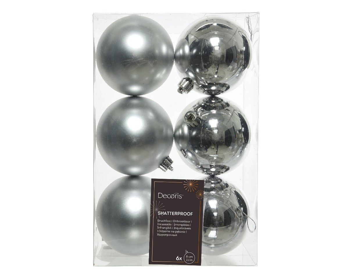 Decoris Kerstballen kunststof zilver 6 stuks 8 Ø cm