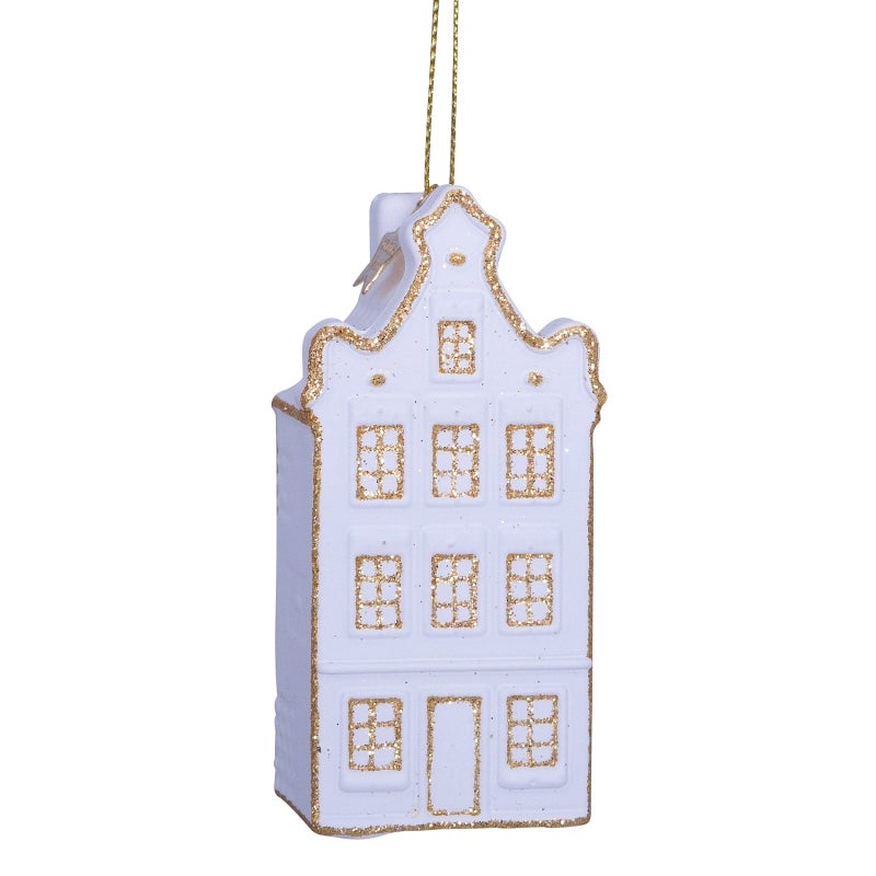 Vondels Kersthanger grachtenpand halsgevel wit/ goud 8.5 cm