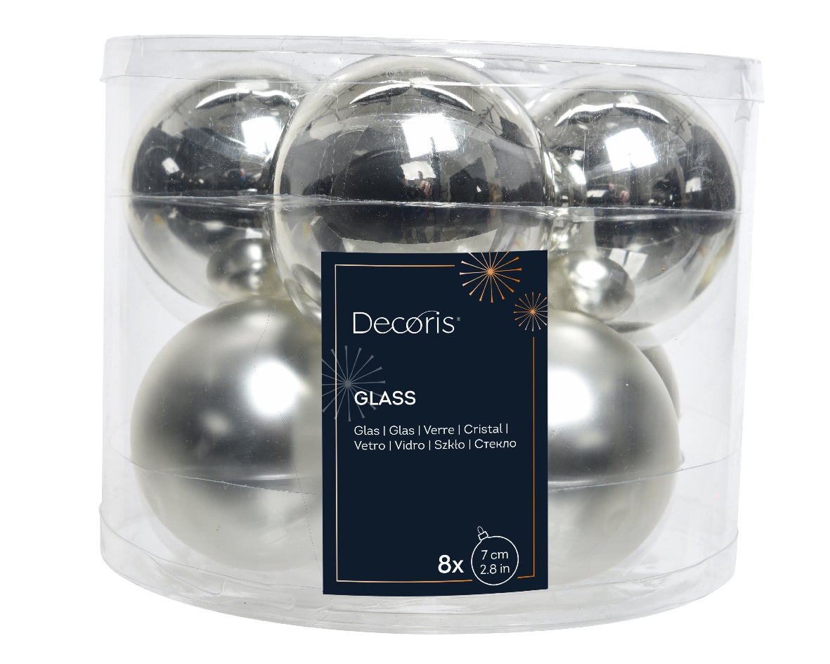Decoris Kerstballen glas zilver 8 stuks Ø 7 cm