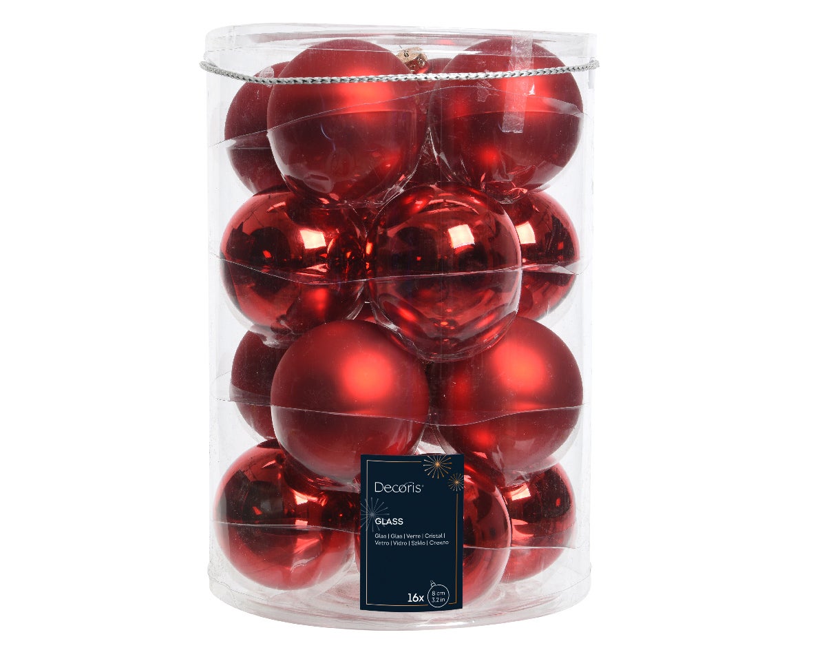 Decoris Kerstballen glas mix kerstrood 16 stuks Ø 8 cm
