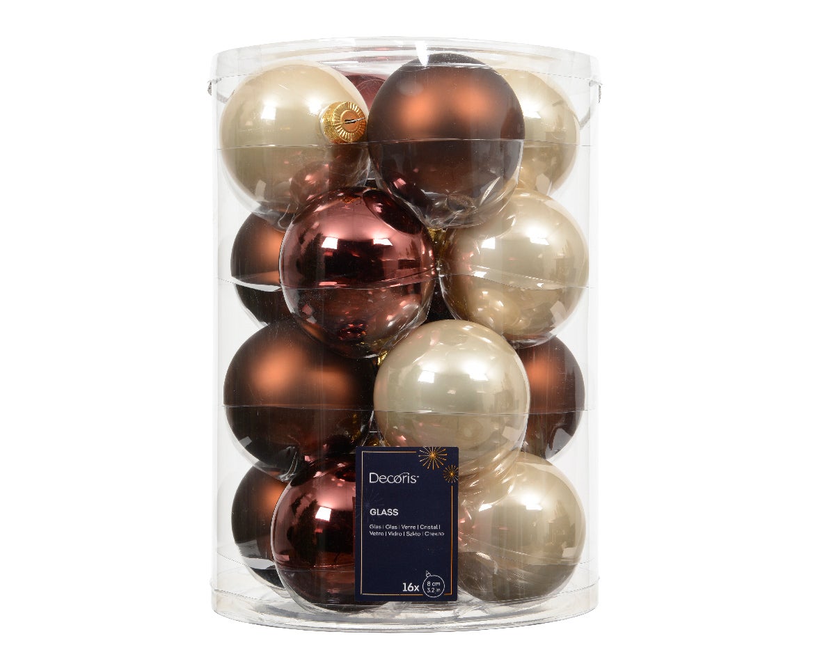 Decoris Kerstballen glas mix bruin creme 16 stuks Ø 8 cm