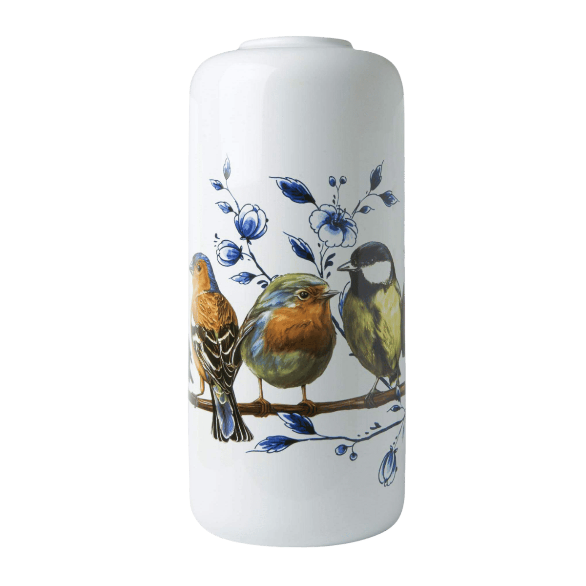 Heinen Delfts Blauw Cilinder Vaas Bosvogels