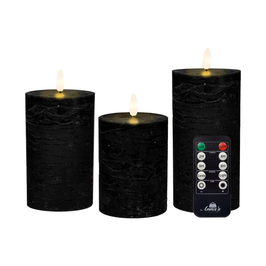 Kaars Zwart Wax Rustiek 3D Lont (3 stuks) met afstandsbediening