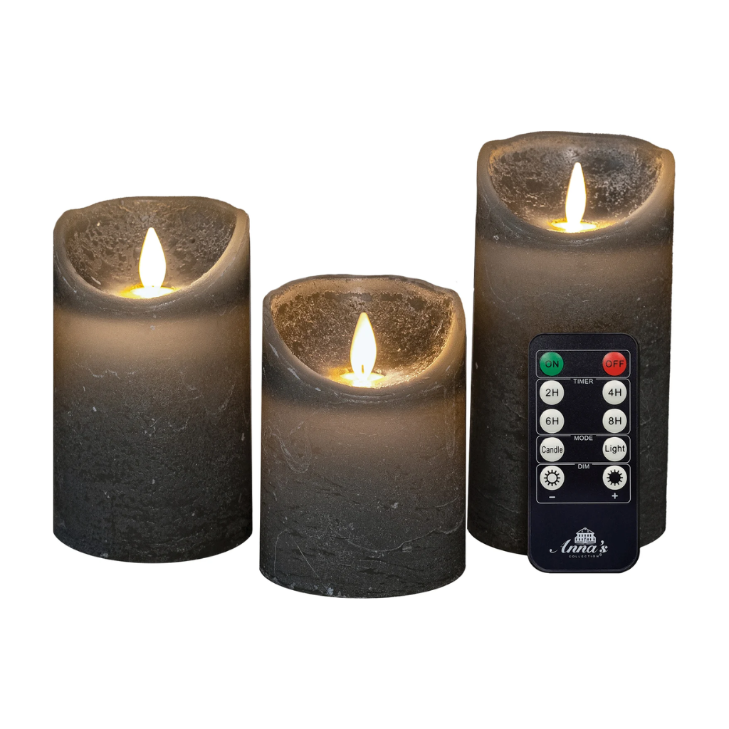Stompkaars LED Grijs Wax Rustiek (3 stuks) met afstandsbediening