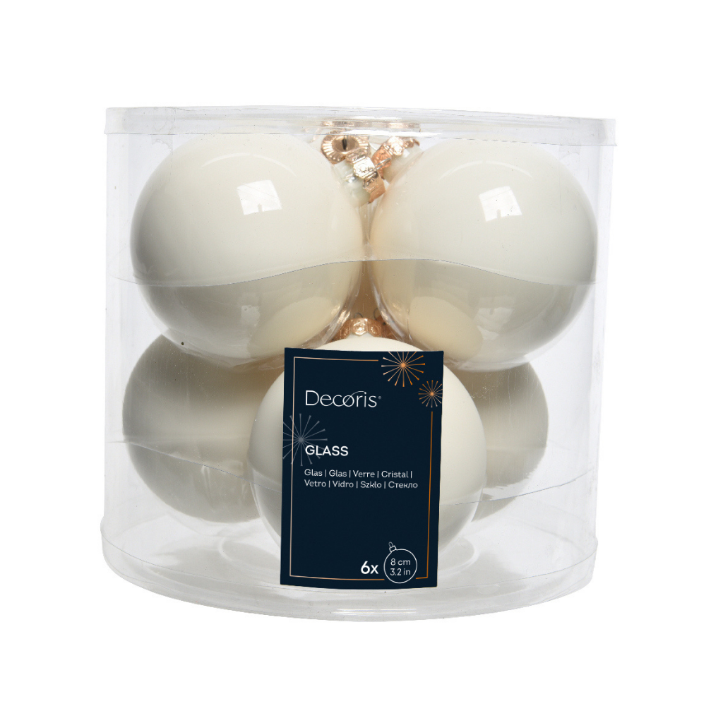 Decoris Kerstballen glas wolwit 6 stuks Ø 8 cm