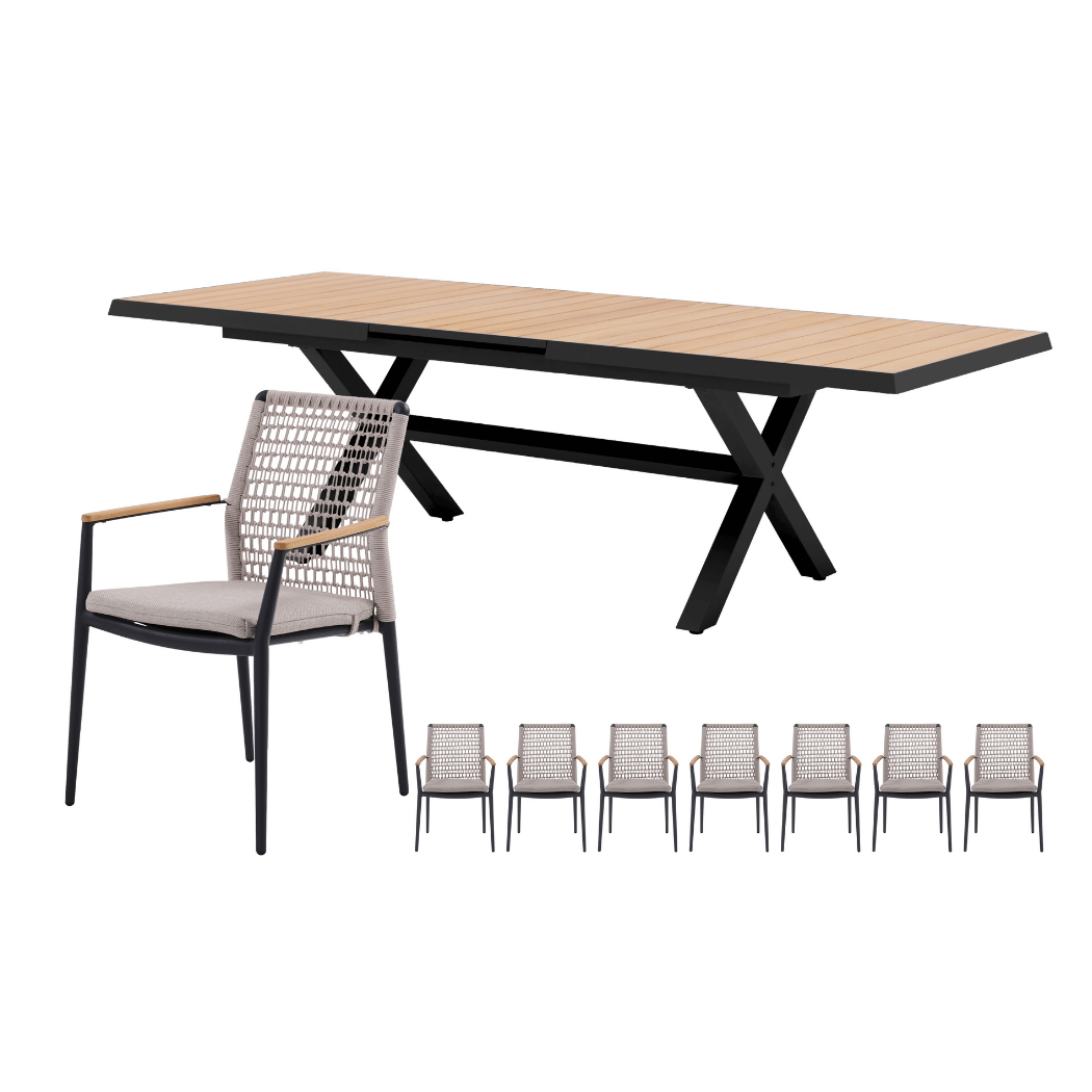 Royal Seasons Diningset 8-zits Portland Laag Uitschuifbaar Zwart