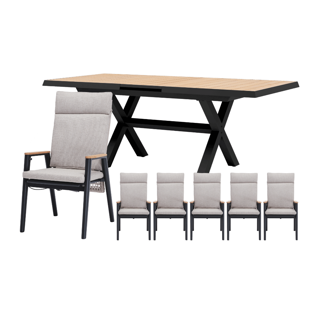 Royal Seasons Diningset 6-zits Portland Hoog Uitschuifbaar Zwart
