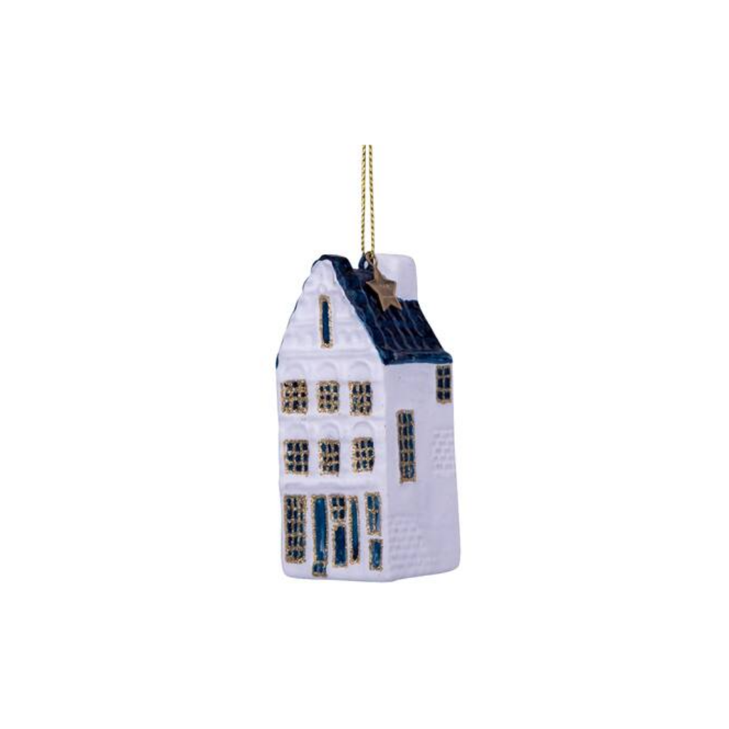 Vondels Kersthanger wit/blauw grachten pand met trap gevel 9 cm