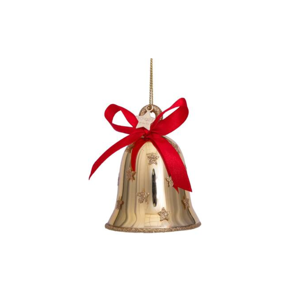 Vondels Kersthanger glanzende gouden bel met rode strik 8 cm