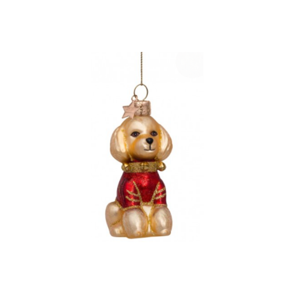 Vondels Kersthanger poedel blond met rood shirt 8 cm