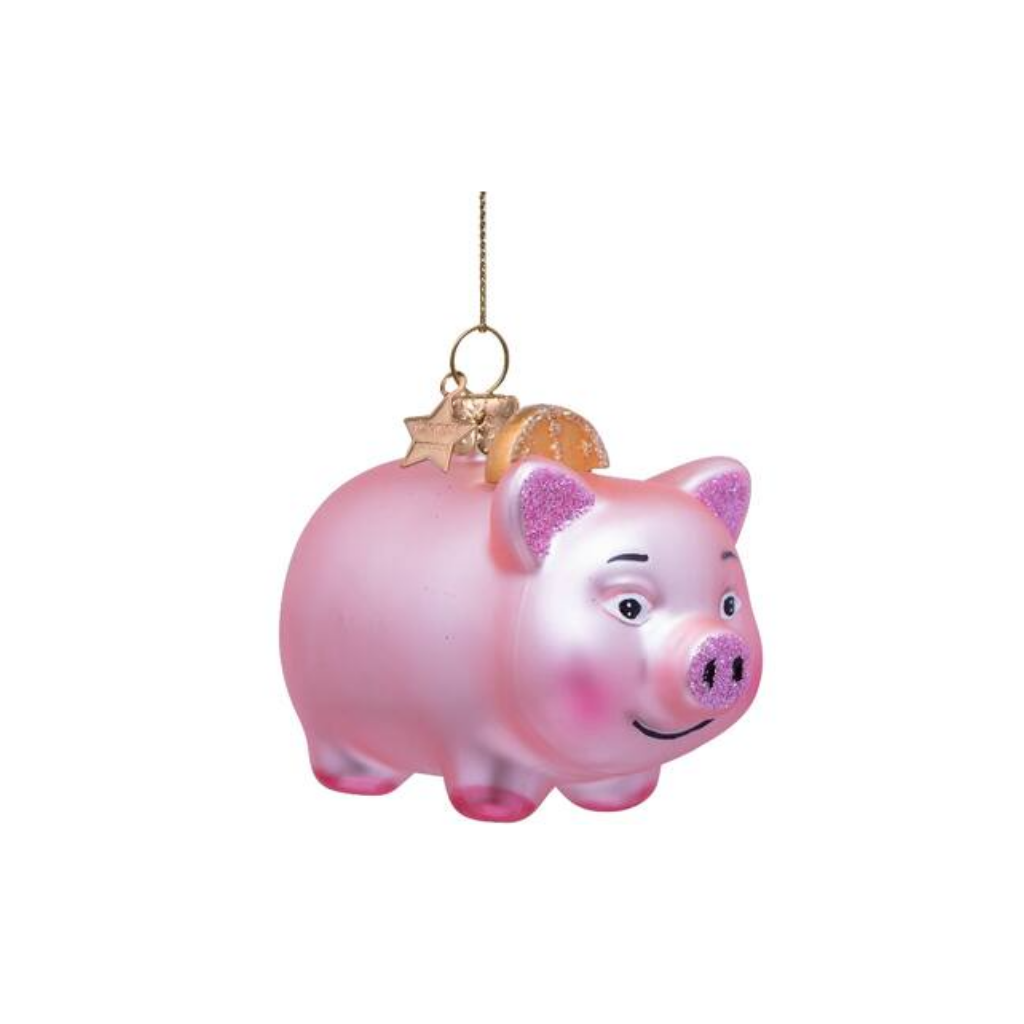 Vondels Kersthanger zacht roze mat spaarpot met munt 5.5 cm