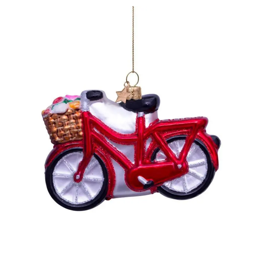 Vondels Kersthanger fiets met bloemen rood 7 cm