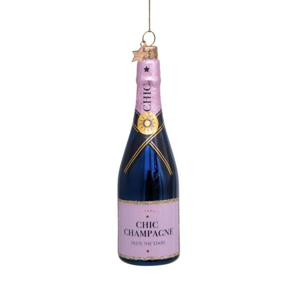 Vondels Kersthanger champagne fles roze 14 cm