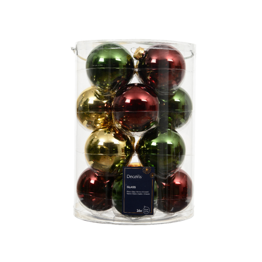 Decoris Kerstballen glas groen-rood-goud 16 stuks Ø 8 cm