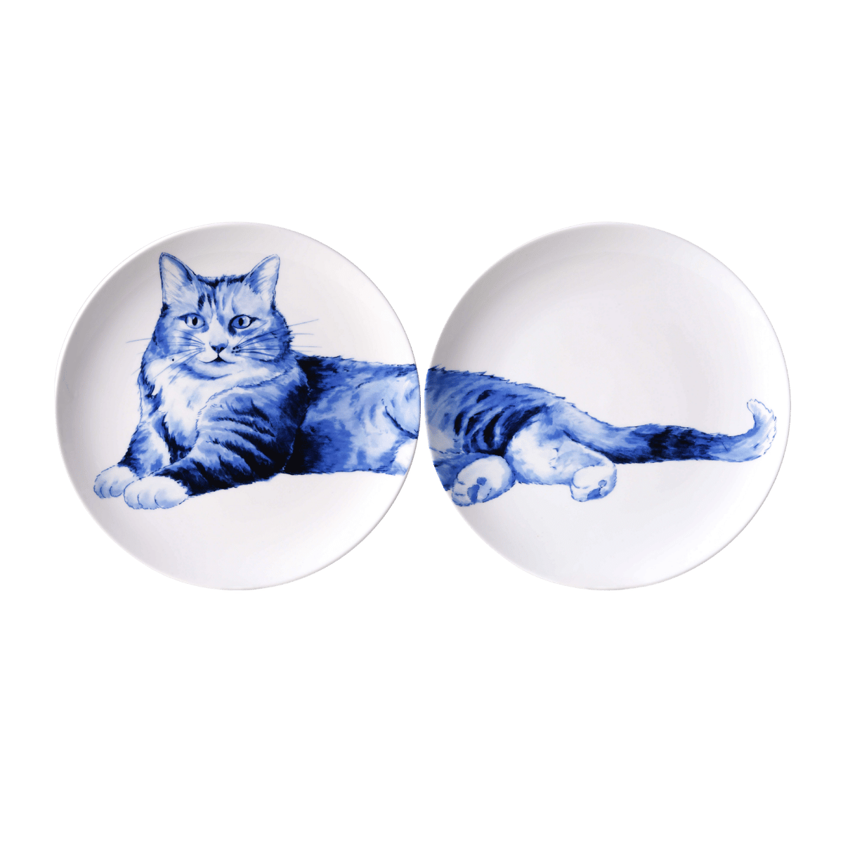 Heinen Delfts Blauw Wandbord Ontspannen Kat Tweeluik