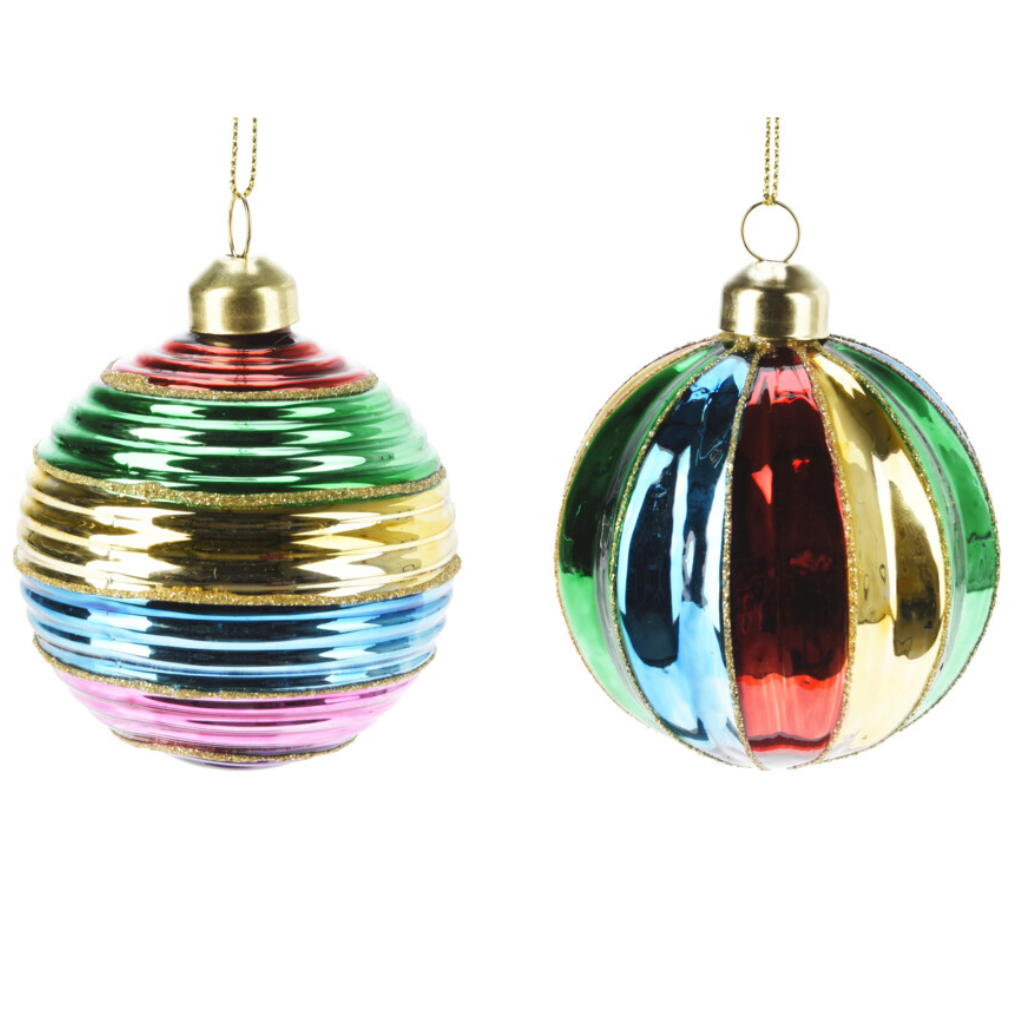 Kerstbal streep glas multicolor 8 cm