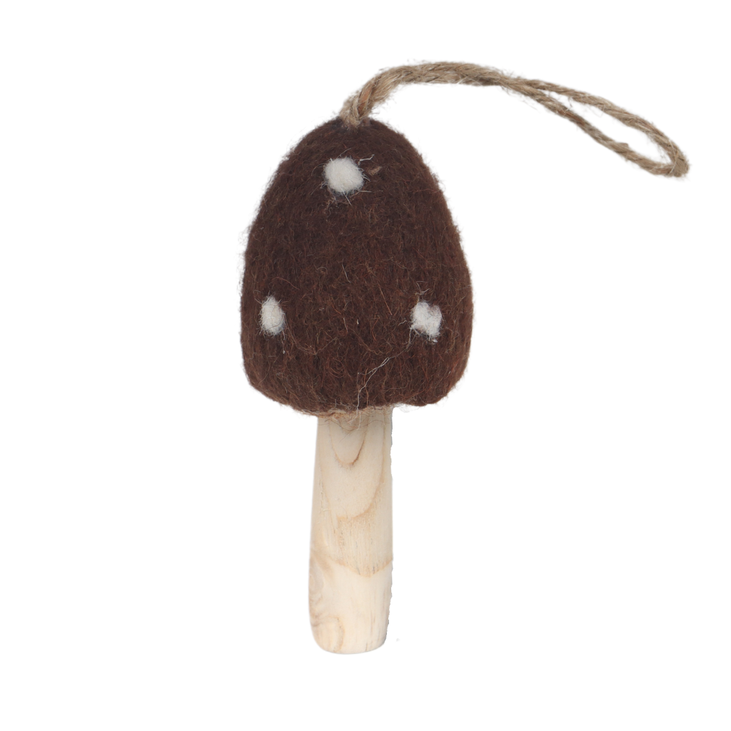 Vilten hanger paddenstoel bruin 13 x 8 cm