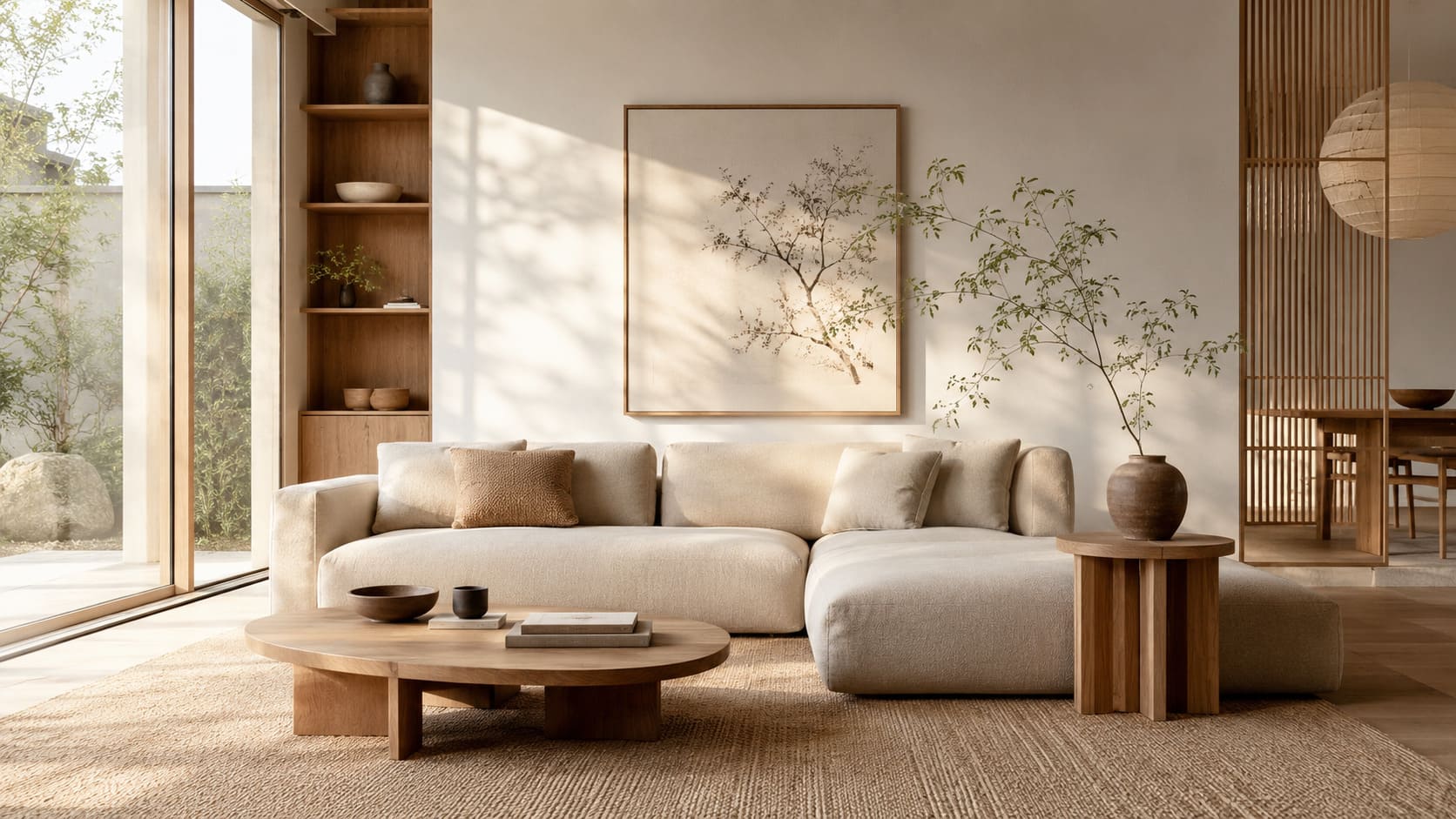Japandi woonkamer met beige bank, houten meubels en natuurlijke woonaccessoires.