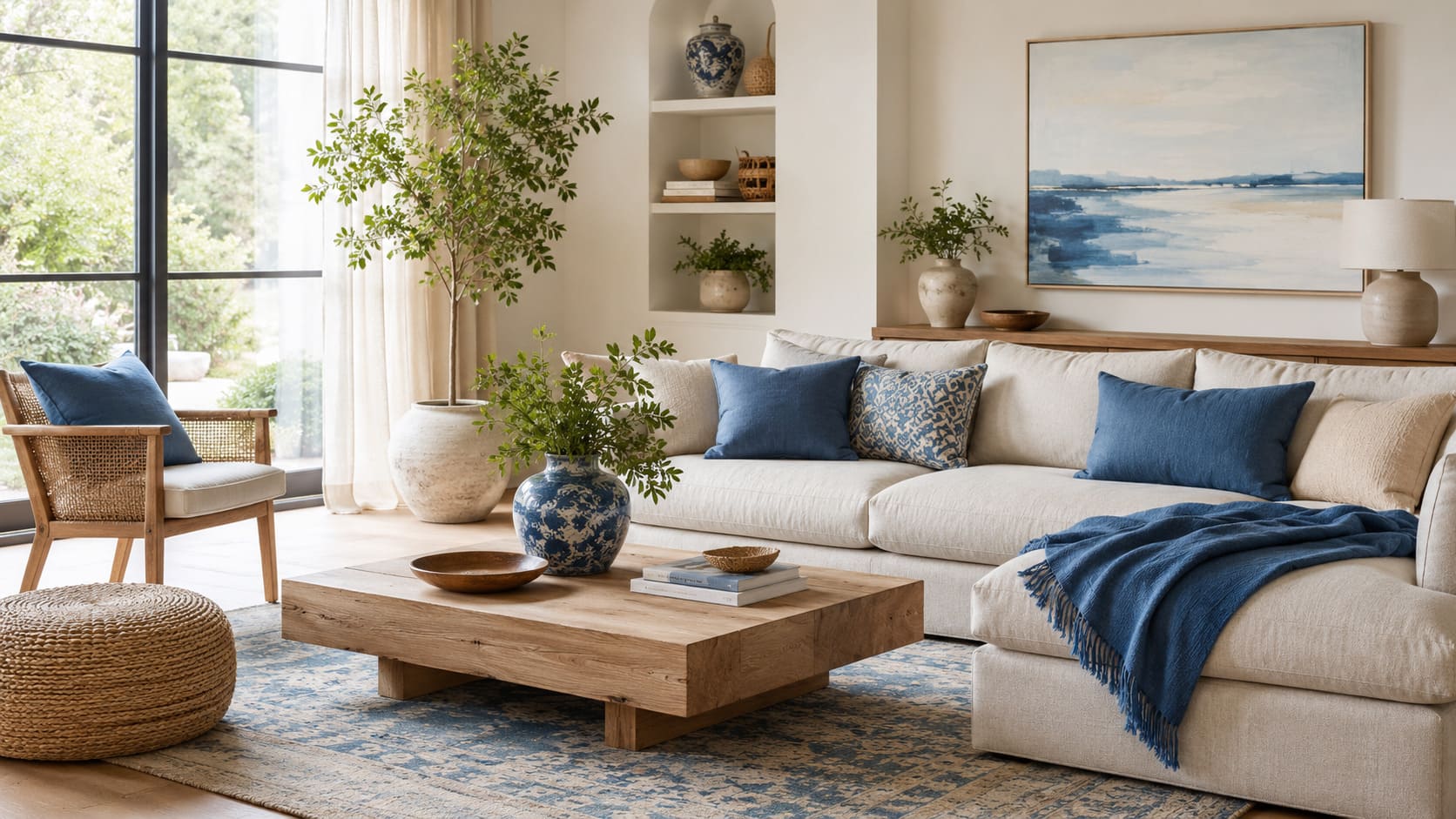 woonkamer met warme kleuren, zachte accessoires en natuurlijke materialen.