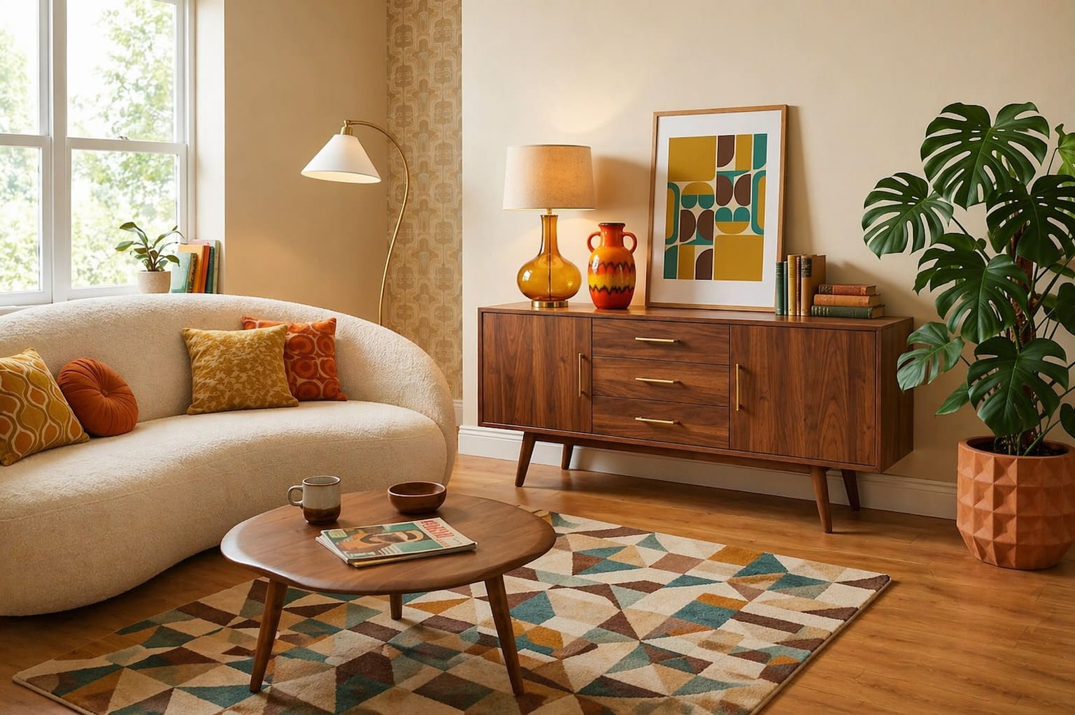 Woonkamer met retro meubelen en retro accessoires