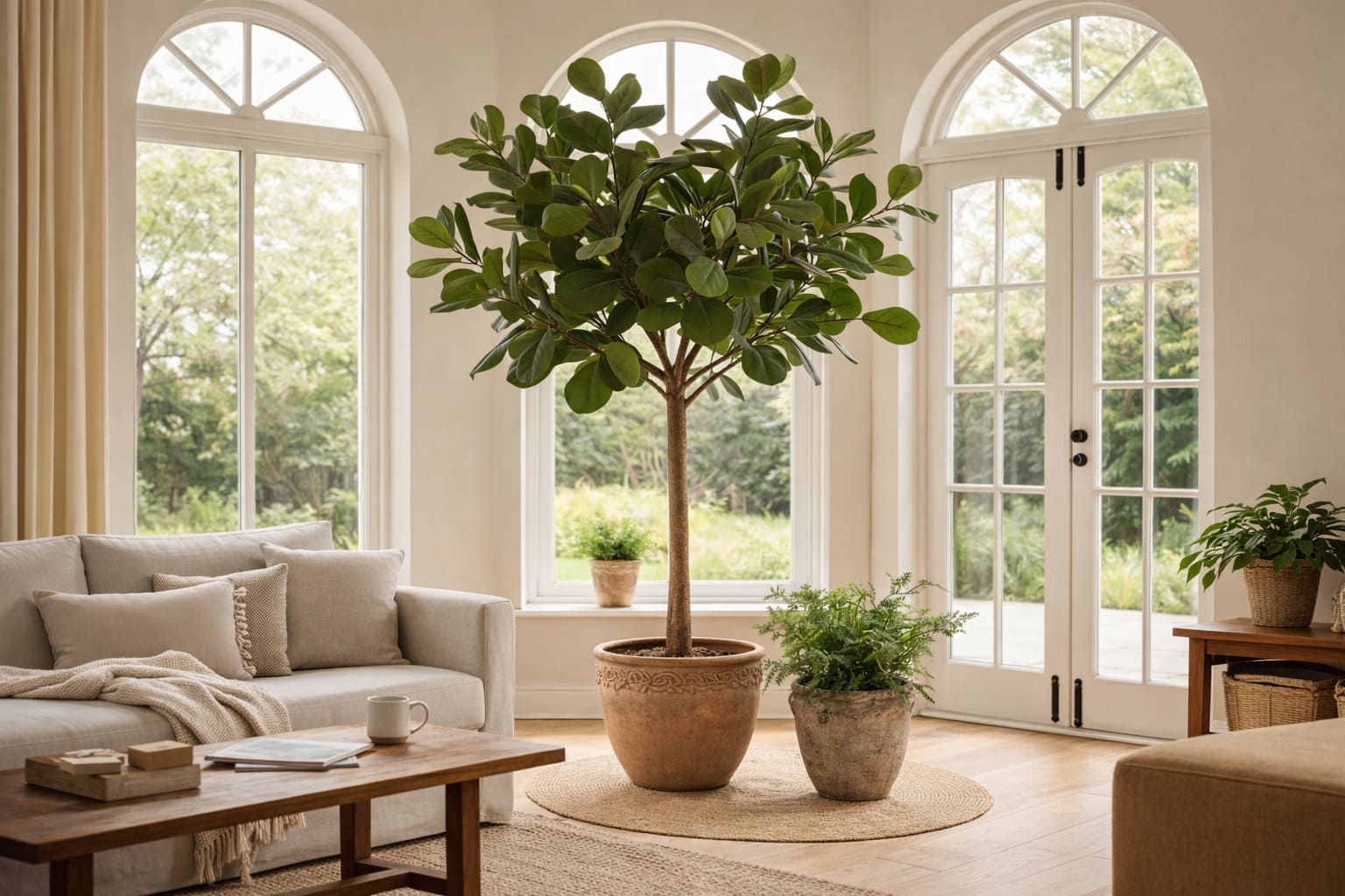 Sfeervolle woonkamer met diverse kunstplanten