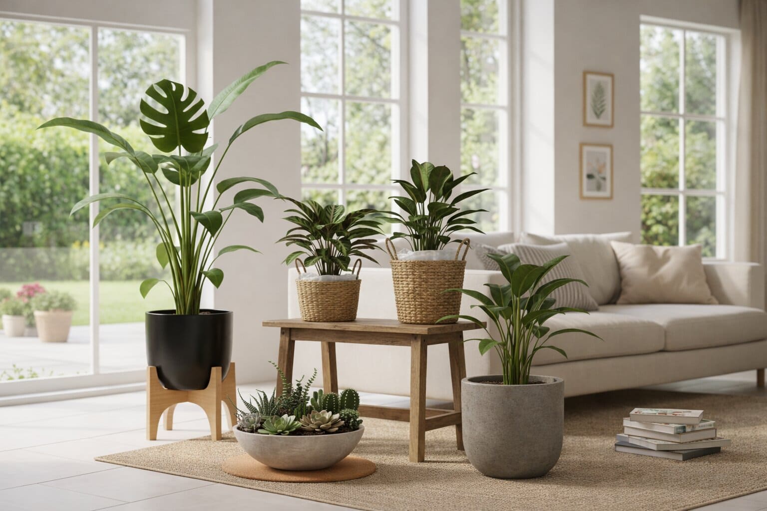 Woonkamer met diverse kamerplanten in verschillende potten